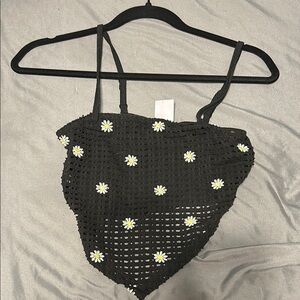 Black Crochet Tank Top with Daisy Embroidery